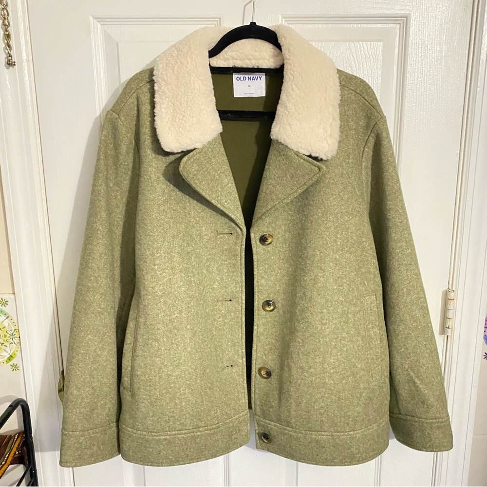 Old Navy Soft Faux Wool Green Sherpa Collard Button Front Bomber Jacket-XL